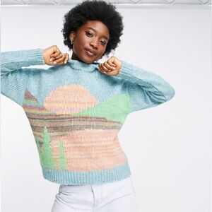 ASOS Landscape Sweater Intarsia Knitted Crew Neck Chunky Pullover Sz 4